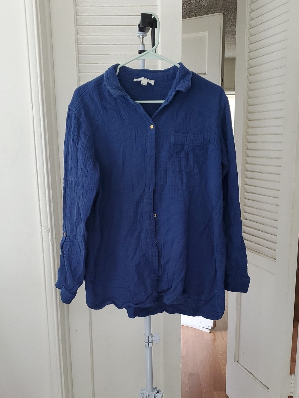 Anne Klein Jeans Blue Cotton Long Sleeve Button Down Flannel Blouse Size L